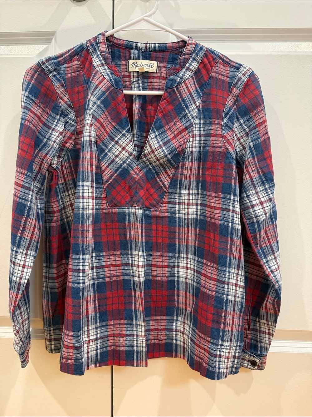 Madewell Red, Navy & White Plaid Long-Sleeve Top